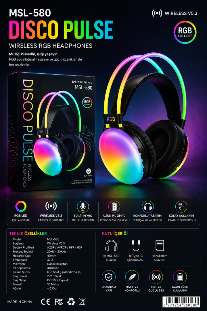 MSL-580 Disco Pulse RGB Kablosuz Kulaklık - Siyah