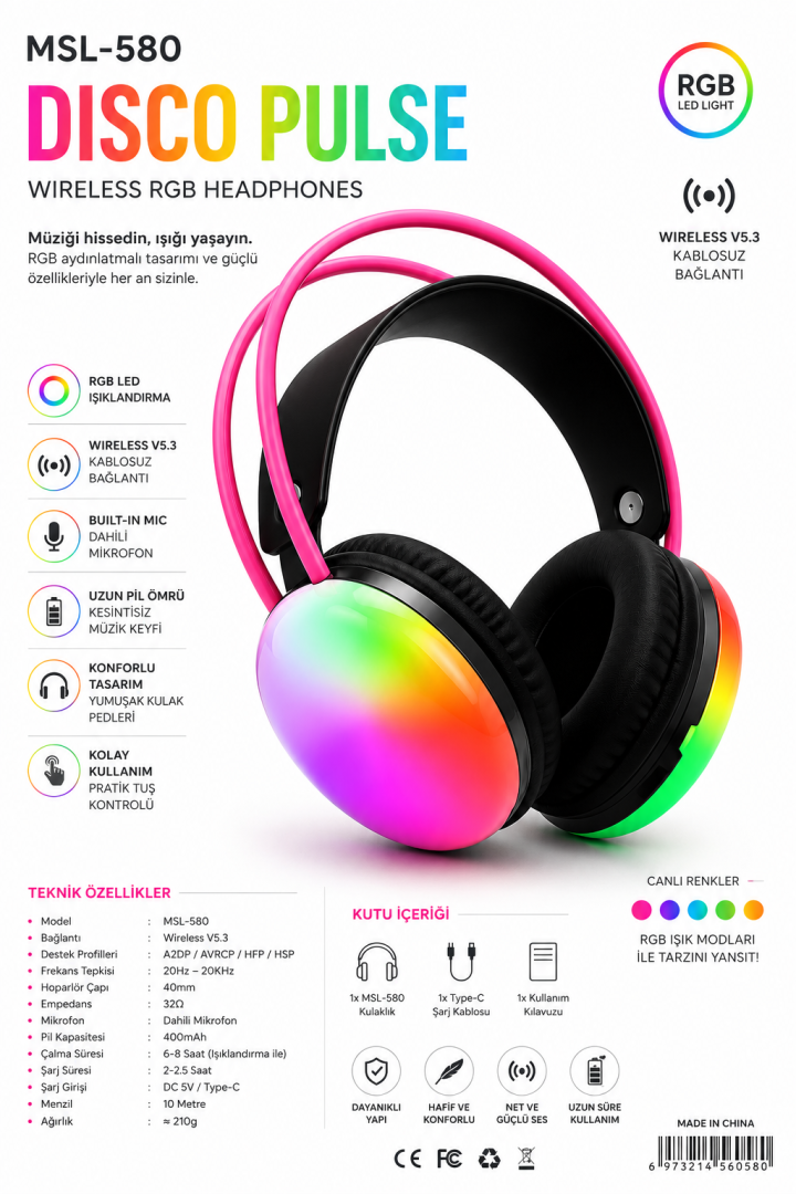 MSL-580 Disco Pulse RGB Kablosuz Kulaklık - Siyah