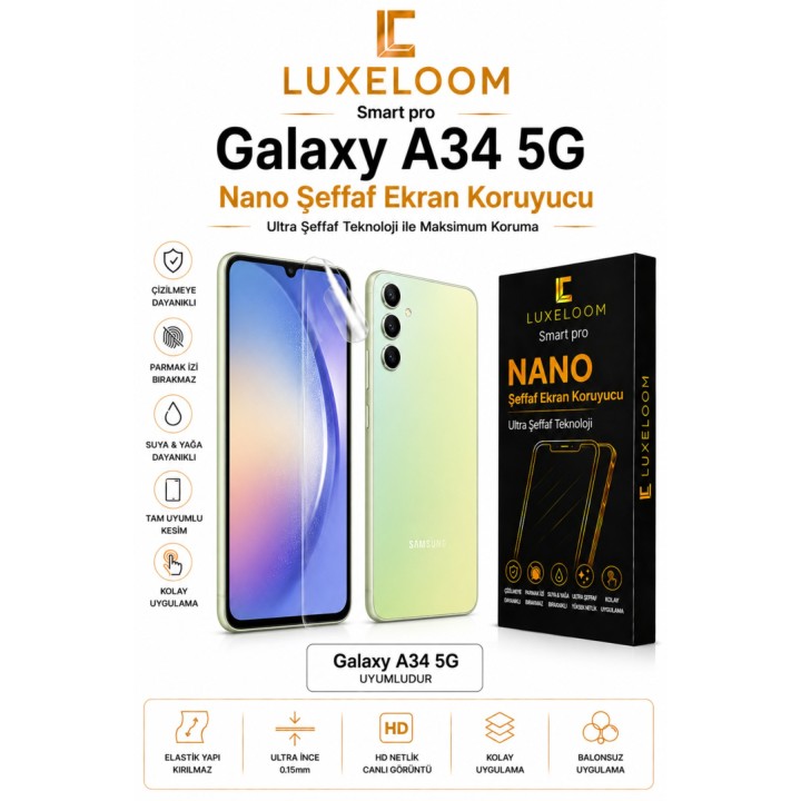 LUXELOOOM Samsung Galaxy A34 5G Uyumlu Nano Şeffaf Ekran Koruyucu