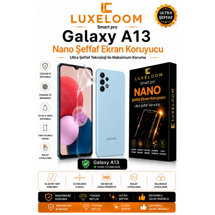 LUX ELOOM Galaxy A13 Nano Şeffaf Ekran Koruyucu Film