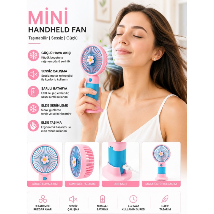 Mini El Tipi Şarjlı Portatif Fan - Taşınabilir Ve Sessiz