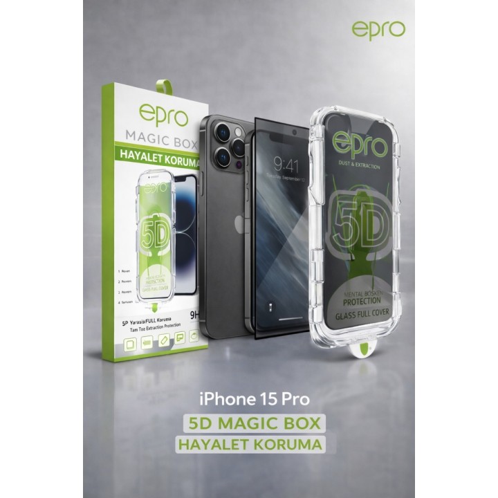 Epro iPhone 15 Pro 5D Magic Box Hayalet Koruma Tam Ekran Cam Ekran Kor