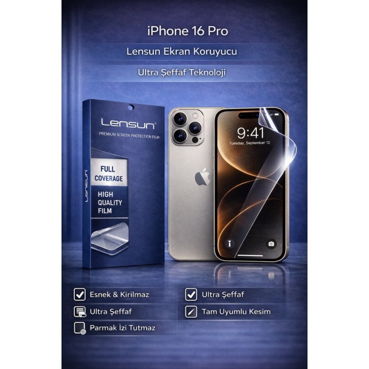 Lensun Apple iPhone Uyumlu  16 Pro Ultra Şeffaf Ekran Koruyucu Film | 