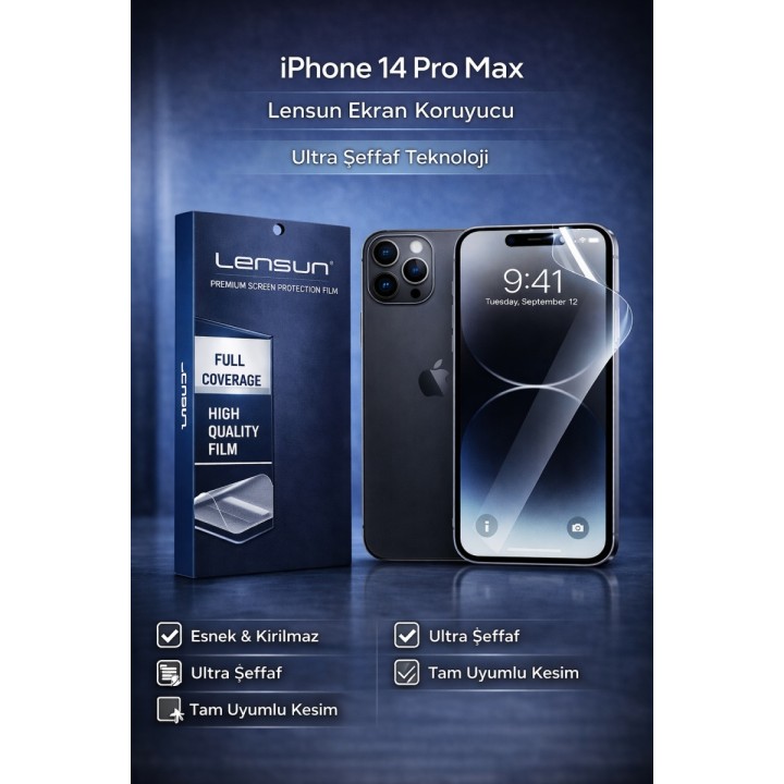Lensun Apple iPhone Uyumlu  14 Pro Max Ultra Şeffaf Esnek Ekran Koruyu