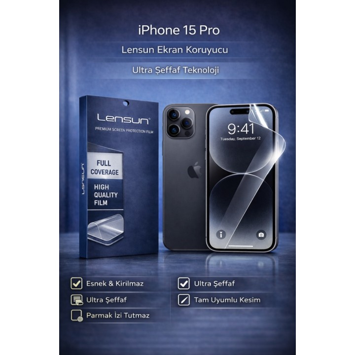 Lensun Apple iPhone Uyumlu  15 Pro Ultra Şeffaf Ekran Koruyucu Film | 