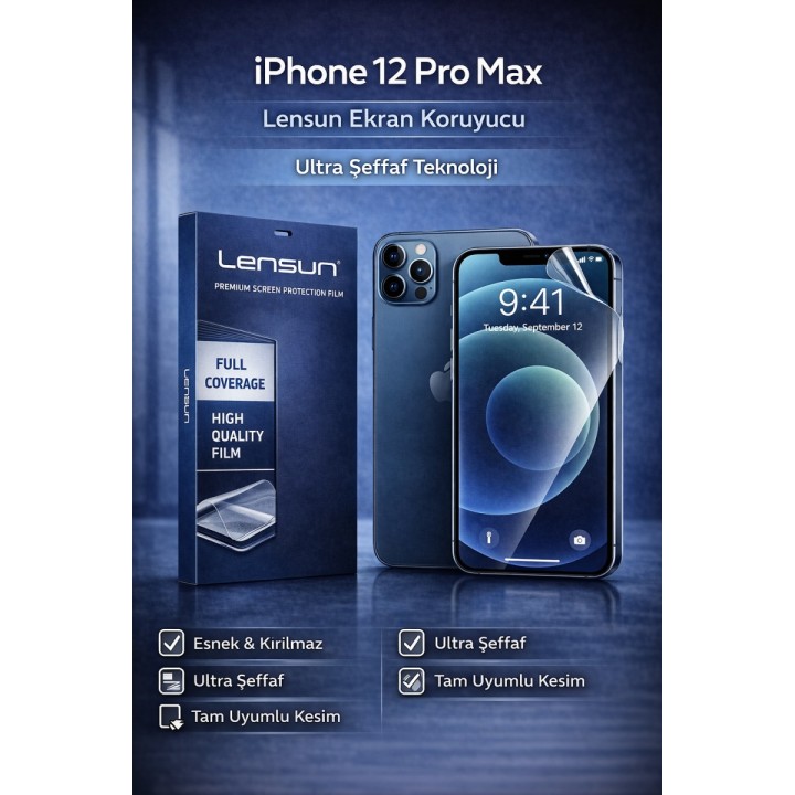 Lensun Apple iPhone Uyumlu  12 Pro Max Ultra Şeffaf Ekran Koruyucu Fil