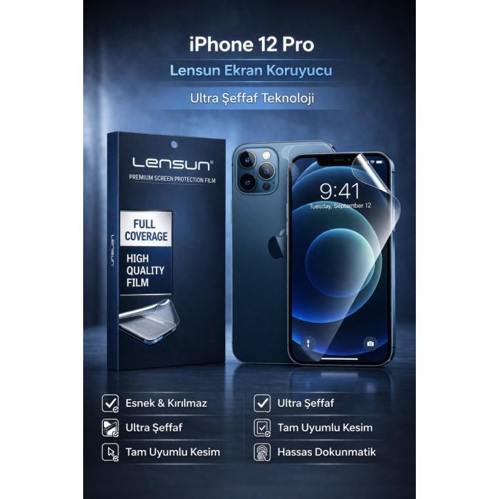 Lensun Apple iPhone Uyumlu  12 Pro Ultra Şeffaf Ekran Koruyucu Film | 