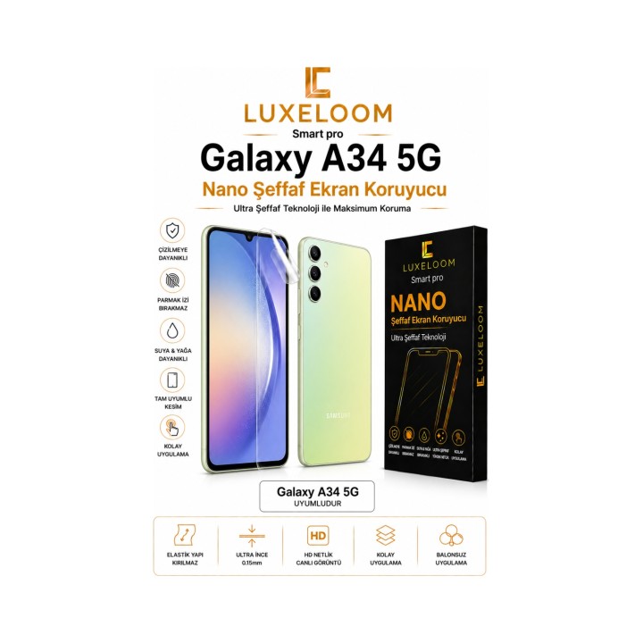 LUXELOOOM Samsung Galaxy A34 5G Uyumlu Nano Şeffaf Ekran Koruyucu