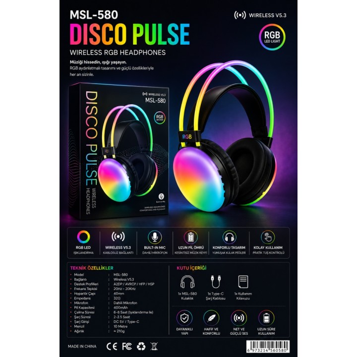 MSL-580 Disco Pulse RGB Kablosuz Kulaklık - Siyah