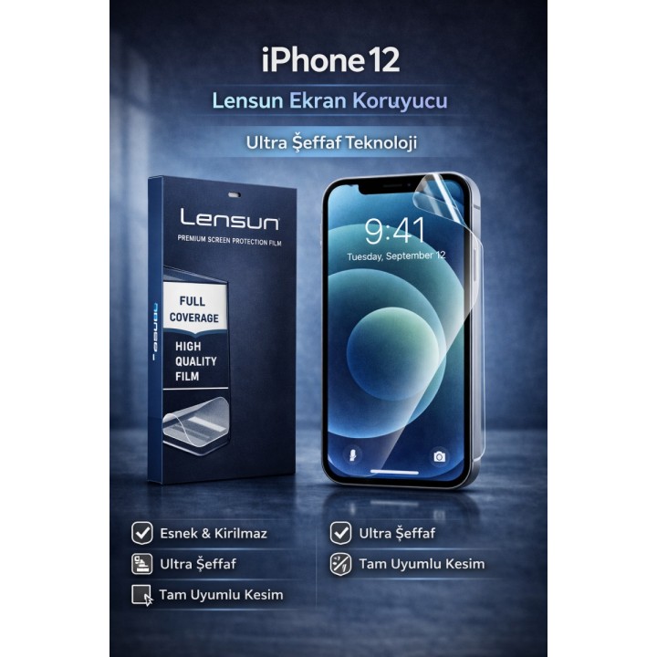 Lensun Apple iPhone Uyumlu  12 Ultra Şeffaf Ekran Koruyucu Film | Kali