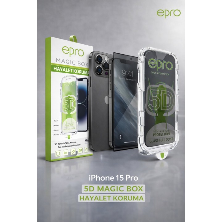 Epro iPhone 15 Pro 5D Magic Box Hayalet Koruma Tam Ekran Cam Ekran Kor