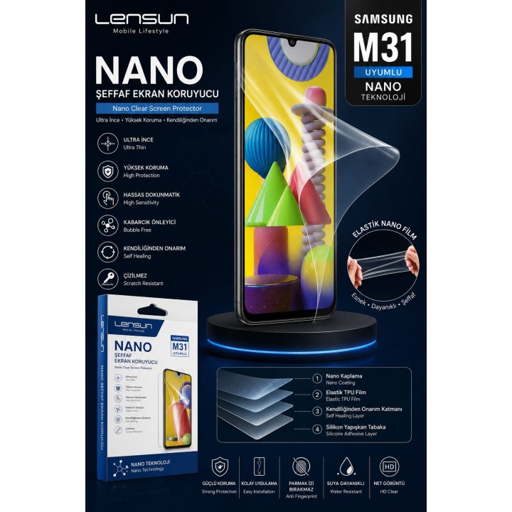 Lensun Nano Şeffaf Ekran Koruyucu Samsung M31 Uyumlu