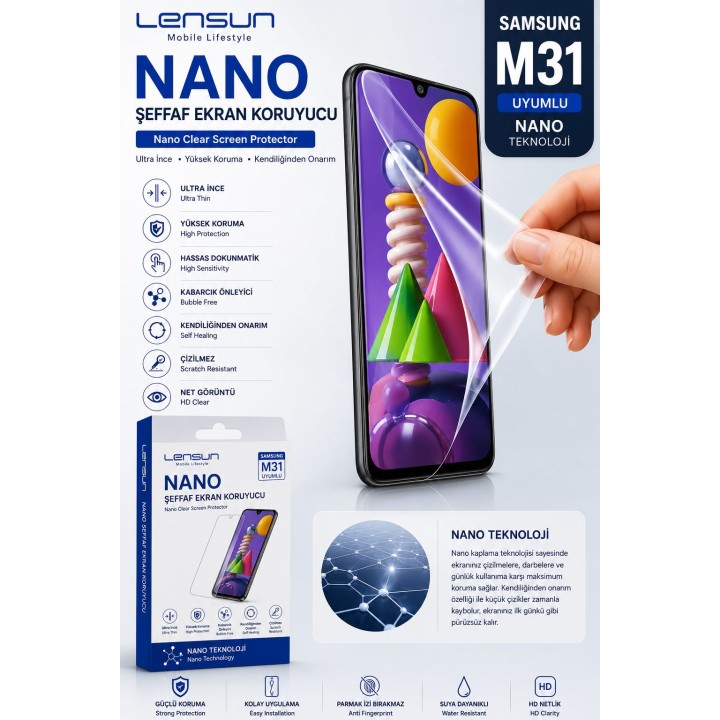 Lensun Nano Şeffaf Ekran Koruyucu Samsung M31 Uyumlu