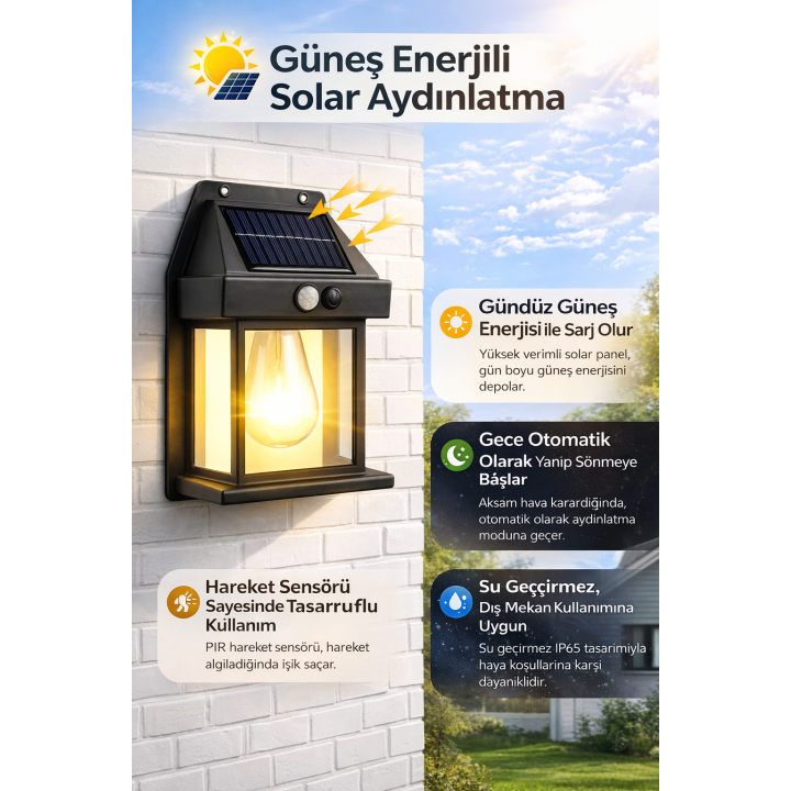Güneş Enerjili Hareket Sensörlü Retro Fener Duvar Lambası IP65
