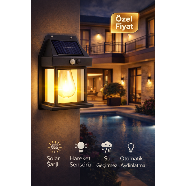 Güneş Enerjili Hareket Sensörlü Retro Fener Duvar Lambası IP65