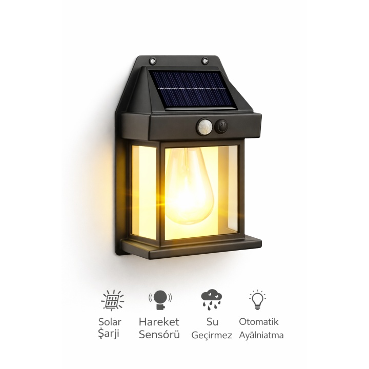Güneş Enerjili Hareket Sensörlü Retro Fener Duvar Lambası IP65