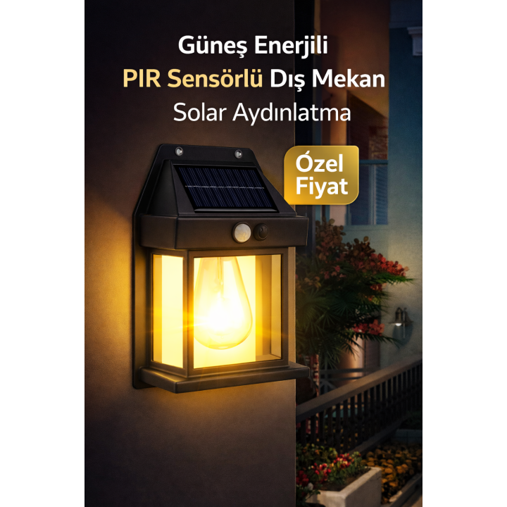 Güneş Enerjili Hareket Sensörlü Retro Fener Duvar Lambası IP65