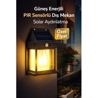 Güneş Enerjili PIR Sensörlü Retro Solar Duvar Lambası - IP65 Dış Mekan