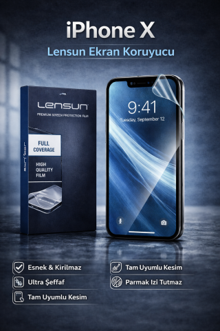 iPhone X Lensun Ekran Koruyucu Film - Tam Kapsama, Parmak İzi Tutmaz