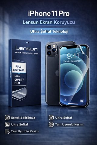 Lensun iPhone 11 Pro Ultra Şeffaf Ekran Koruyucu Film