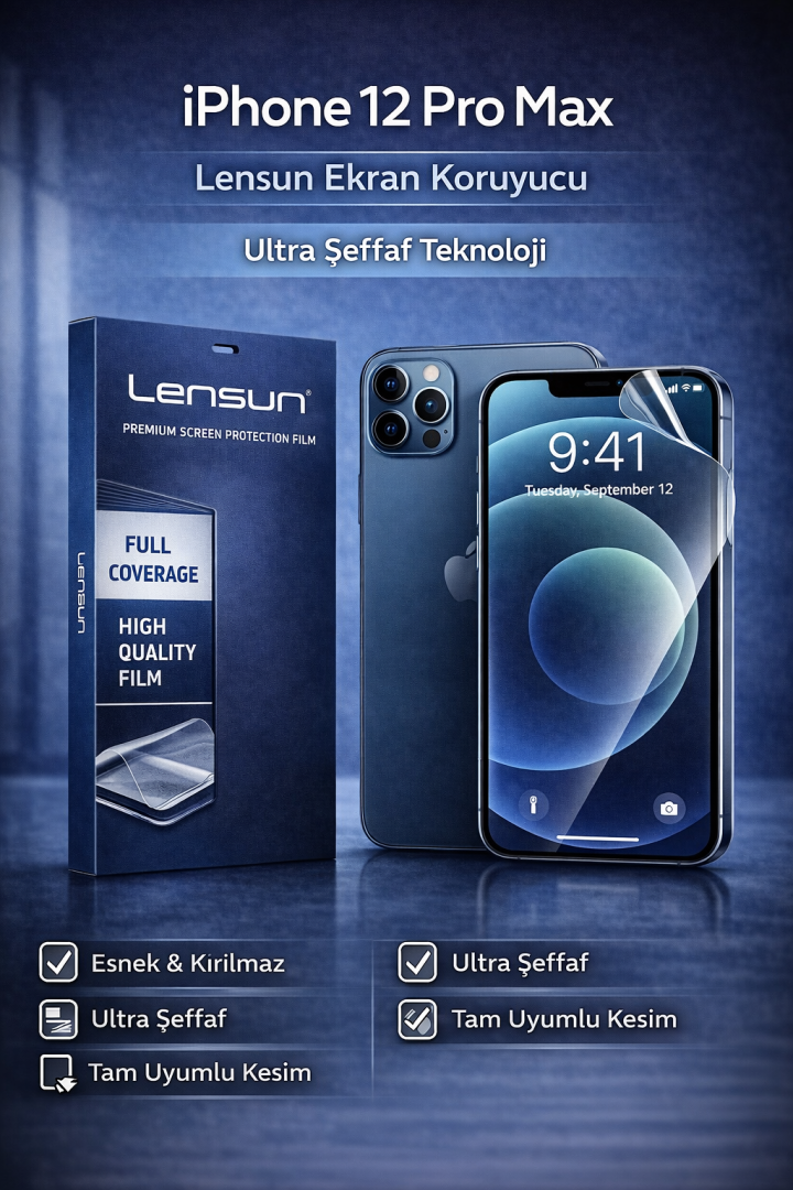 LENSUN iPhone 12 Pro Max Ultra Şeffaf Ekran Koruyucu