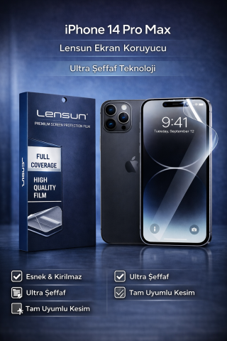 Lensun iPhone 14 Pro Max Ekran Koruyucu | Ultra Şeffaf Esnek Film