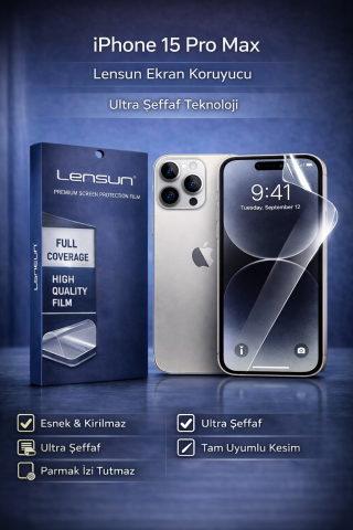 Lensun iPhone 15 Pro Max Ultra Şeffaf Esnek Ekran Koruyucu Film