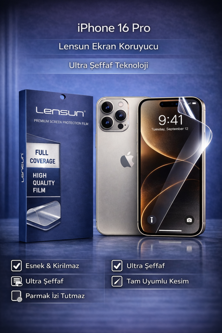 Lensun iPhone 16 Pro Ultra Şeffaf Ekran Koruyucu Film - Tam Kapsama