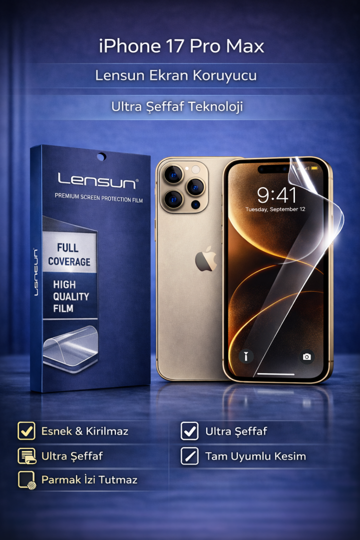 Lensun iPhone 17 Pro Max Ultra Şeffaf Esnek Ekran Koruyucu
