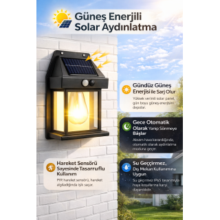 Güneş Enerjili Hareket Sensörlü Retro Fener Duvar Lambası IP65
